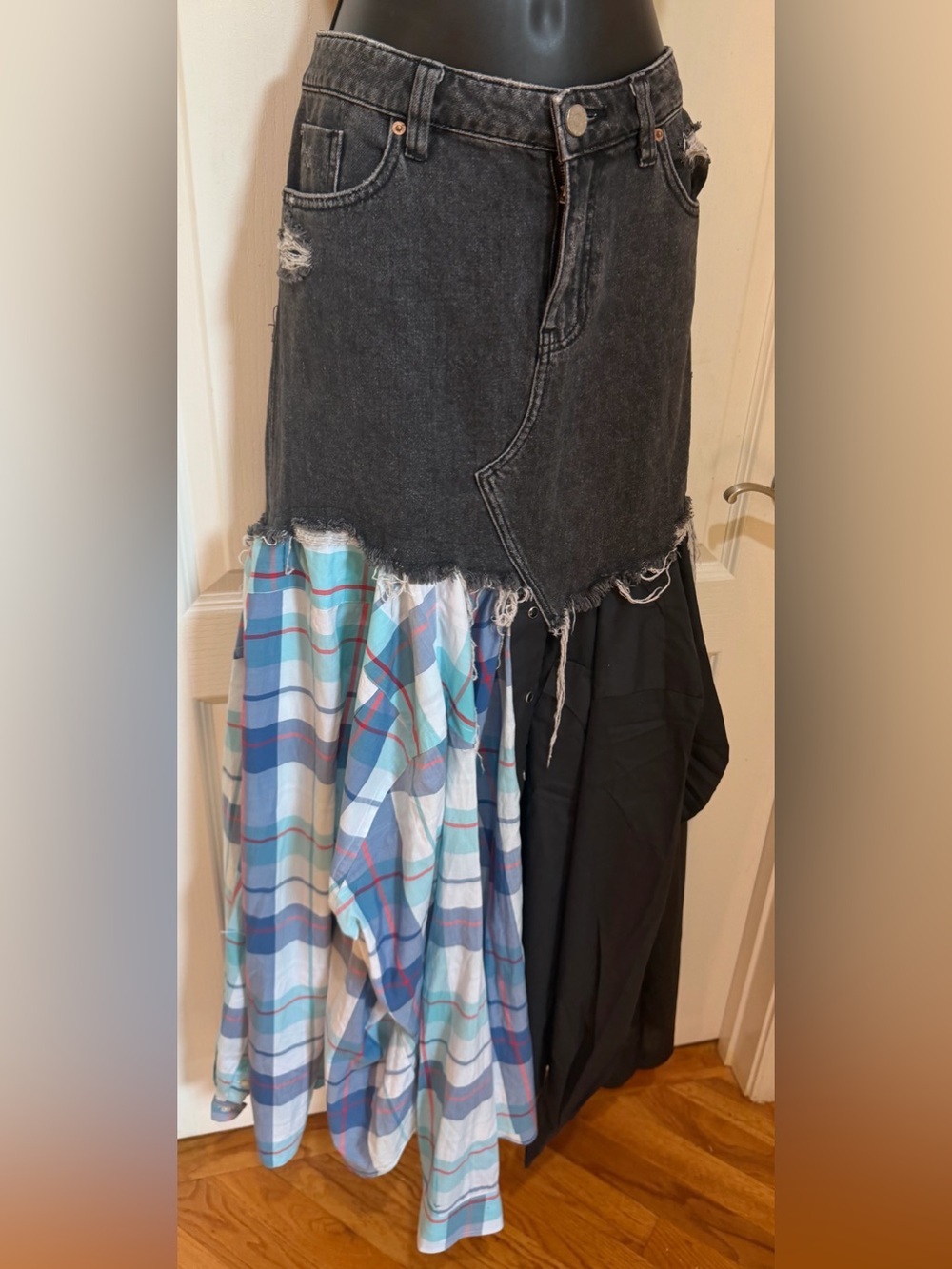 Upcycled denim with Plaid panels men’s shirts Maxi Skirt size M - Picture 2 of 3